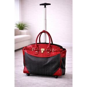 JKM Rolling Travel Tote Bag Black Polka Dot Red Faux Croc Carry On Weekender125